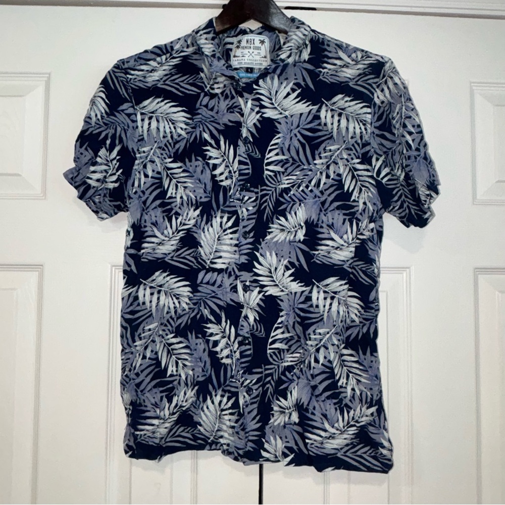 MBX Premium Goods Rayon Navy Leaf Print Men's Button Up Short Sleeve Shirt Large